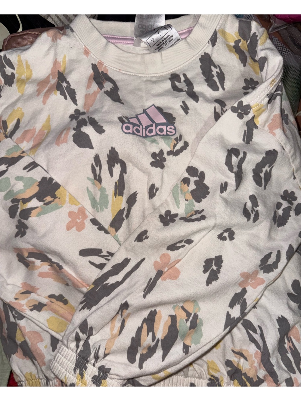 adidas Girls White Long Sleeve Tee with Pastel Floral Print